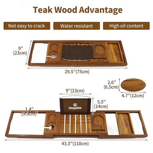 Utoplike Teak Bathtub Caddy Tray Bath Tray for Tub, Unique Bathtub Organizer with Book Tablet Wine Glass Cup Towel Holder, Adjustable, for Your Loved
