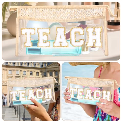 Boho Patch Cosmetic Bag with Zipper, Chenille Varsity Letter Makeup Bag, Clear Travel Pouch, Multi-purpose Small Toiletry Bag for Women Girls (Teach) - style: Teach