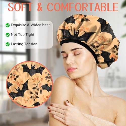 Luxury Shower Cap Terry Lined Reusable Triple Layer Waterproof Hair Elastic Caps Shower Bath Hat for Women Girls Cute Aesthetic-Orange Bat - color: AL13-Orange Bat