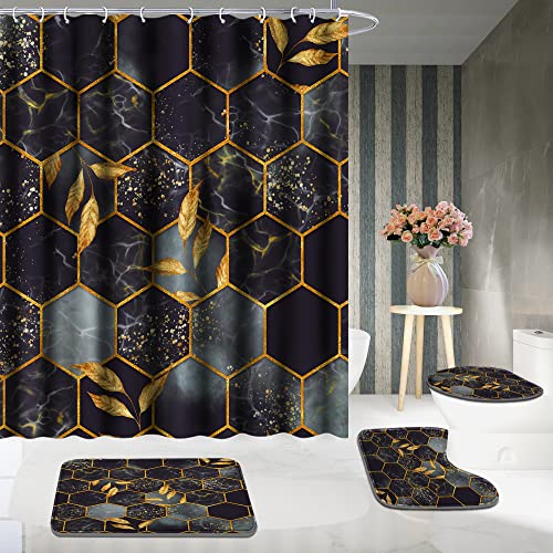 Poedist 4 Pcs Bathroom Shower Curtain Set,Bathroom Sets with Rugs(Bath Mat,U Shape and Toilet Lid Cover Mat) and 12 Hooks,Honeycomb Marble Grey Black - color: Black Grey
