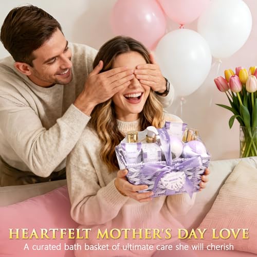 Mothers Day Birthday Gifts for Women, Lavender Relaxing Spa Gift Baskets for Women Self Care Package Bath Gift Set, Home Bath and Body Kit Pamper Gifts for Womens Her Mom Friends Wife Girlfriend Wife - color: Purple-Lavender