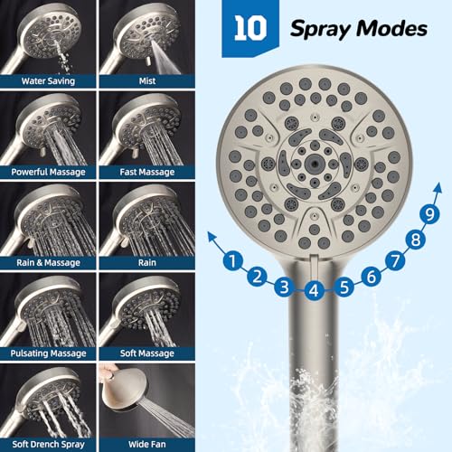 Hibbent cUPC Certified 13'' Shower Head Combo, High Pressure 5 Spray Rainfall Showerhead, 10 Spray Handheld, All Metal Easy Reach 4-way Diverter Arm with Pause Mode, 71'' Hose & Holder, Brushed Nickel - color: Brushed Nickel, style: Square 13"