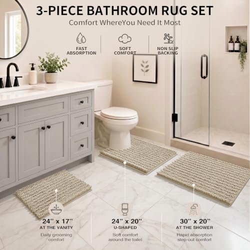 Yimobra Bathroom Rug Set 3 Piece - Super Absorbent Quick Dry Chenille Bath Mats & Toilet Rug, Non Slip Machine Washable, Extra Thick Shaggy Floor Mat for Shower Tub Sink, Camel - color: Camel, size: 24"x17" + 24"x20" + 30"x20"