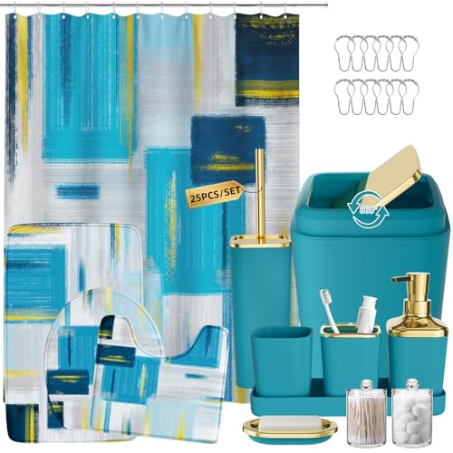 XLHOMO Bathroom Set - Teal Blue Bathroom Accessories Set, Bathroom Sets with Shower Curtain and Rugs, Teal Blue Shower Curtain Set with Bathroom Trash Can, Soap Dispenser, Soap Dish for Home Decor - color: Plaid Teal Blue & Gold, size: Complete Set + Bath