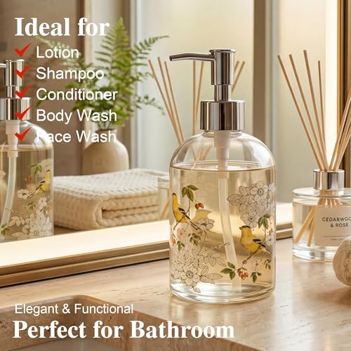 Topadorn Hand and Dish Soap Dispenser Set, 2 Pack 17oz Glass Soap Dispensers with Pump, Refillable Kitchen Soap Bottles, Floral & Goldfinch Decorative Bathroom Counter Decor - color: Purple&bird