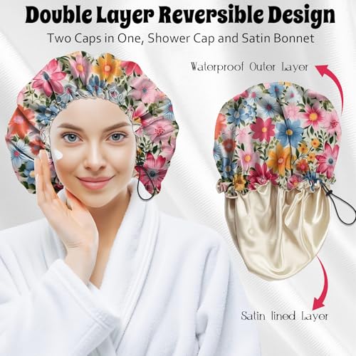 Luxury Shower Cap Satin Lined Reusable Waterproof Double Layer Elastic Adjustable Hair Bath Cap Cute Aesthetic Women Girls-Flowers - color: F12-Flowers