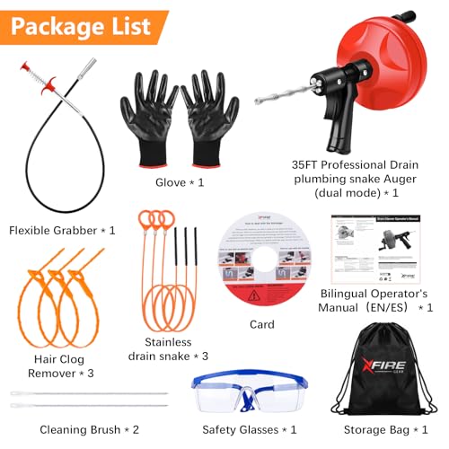 35 FT Double Mode Drain Snake Tools, 14-in-1 Drain Auger for Sink and Drain Unblocking, Plumbing Snake for Kitchen, Bathrom and Shower Sink, Snake for Real DYIs【Upgraded】 - color: 35ft-n-red&black
