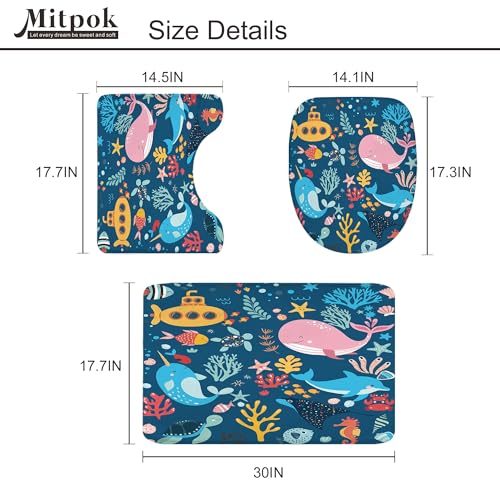 4 PCS Navy Blue Kids Bathroom Set Summer Ocean 72Wx72H Shower Curtain Set, Bath Rug Toilet Lid Cover Nonslip U Shape Mat Whale Funny Cartoon Cute Aniaml Accessories 12 Hooks Bathroom Decor - color: A 02 Navy, size: 72"W x 72"L (Pack of 4)