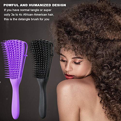 2 Pieces Detangling Brush for Afro America/African Hair Textured 3a to 4c Kinky Wavy/Curly/Coily/Wet/Dry/Oil/Thick/Long Hair, Knots Detangler Easy to Clean (Black, Purple) - color: Black, Purple