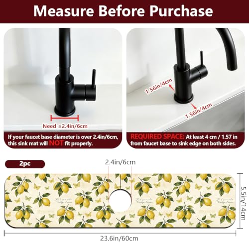 2 Pcs Kitchen Sink Splash Guard Faucet Mat Vintage Lemon Faucet Mat for Sinks Butterfly Absorbing Drying Mats for Kitchen Bathroom, 23.6x5.5inch - color: Lemon