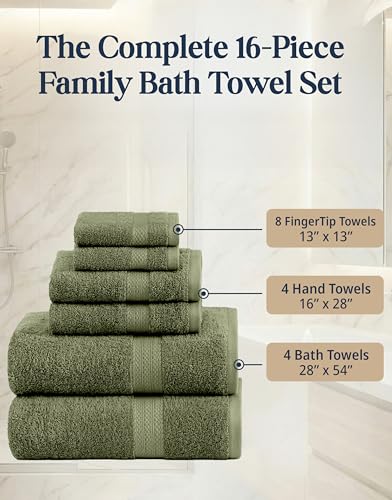 LANE LINEN Luxury Cotton Bath Towel Pack of 16 - Softer, Highly Absorbent & Durable - 4 Bath, 8 Wash cloths, 4 Hand Towels for Bathroom - Premium Look, Spa Quality, Solid Dyed Towels - Oil Green - color: 15: Oil Green