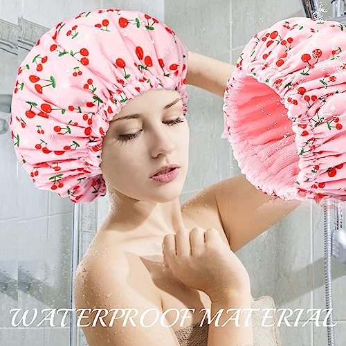 Shower Cap for Women Terry Lined Bath Cap Large Reusable Waterproof Elastic Band Pink Shower Caps for Long Thick Hair Soft Bath Shower Hair Caps - color: Pink Cherries