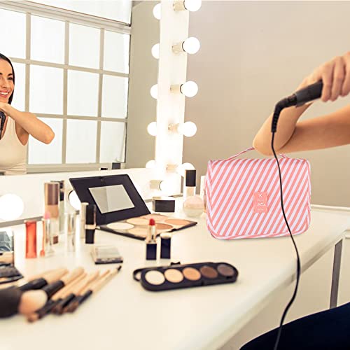 Pengxiaomei Hanging Toiletry Bag, Pink Striped Waterproof Cosmetic Bag Portable Makeup Pouch Pink Stripe Travel Bag with Handle for Kids Teen Girls Tea Party - color: Pink