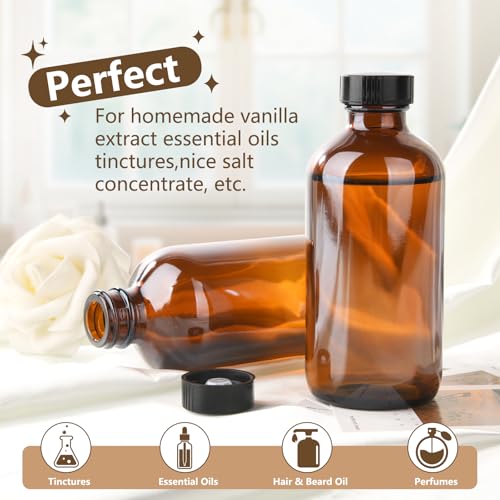 24 Pack 4 oz Amber Boston Glass Bottle with Black Poly Cap, Funnel, Chalk Labels, Pen for Homemade Vanilla Extract, Essential Oils, Wedding, Christmas, Holiday Gift - size: 4oz 24Pack
