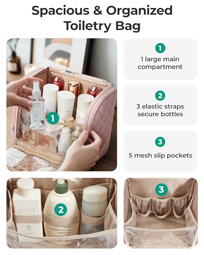 BAGSMART Travel Toiletry Bag, Large Capacity Cosmetic Bags for Women with Hanging Hook, Water-resistant for Toiletries Accessories Brushes Sponge, With Handle - color: Pink, size: X-Large