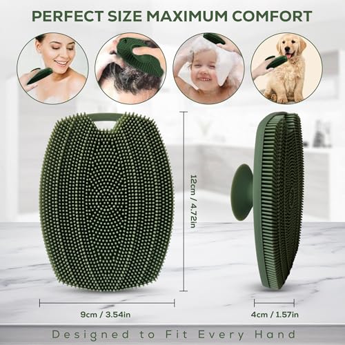 Silicone Body Scrubber — Suction Cup Mount & Hook, Gentle Exfoliating Shower Brush, Soft Loofah Alternative for Men, Women & All Skin Types — Sage Green - color: Sage Green