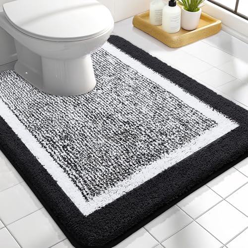 OLANLY Toilet Rugs U-Shaped 24x20, Extra Soft and Absorbent Microfiber Bathroom Rugs, Non-Slip, Machine Wash Dry, Plush Shaggy Contour Bath Mats for Toilet Base, Black - color: Black and White, size: 24" X 20" Contour Rug