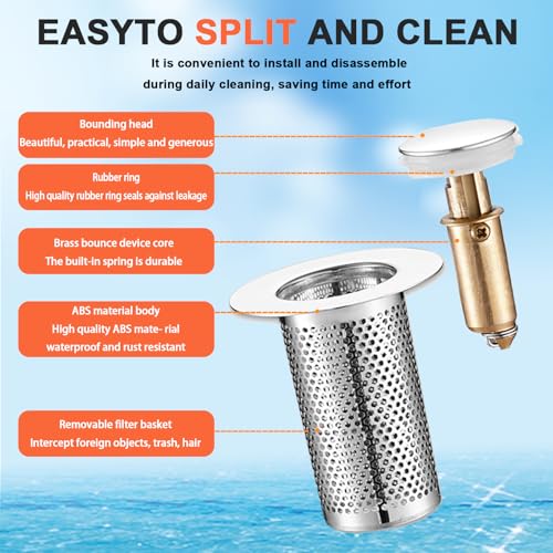 Bathroom Sink Stopper 2Pcs,Sink Drain Strainer,Hair Catcher with Removable Stainless Steel Filter Basket,Universal Sink Plug,Suitable for Most Sinks,Washbasin,Bathtubs