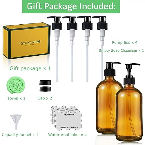 Amber Glass Soap Dispenser 16 Oz - Empty Bottles Set with Black Pumps & Lids & Lables for Refillable Shampoo Conditioner Bathroom Shower Wash Hand Body Lotion Soap Dish Kitchen Container Brown