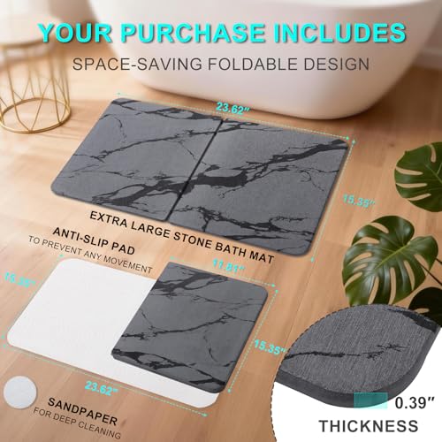 Diatomaceous Earth Bath Mat, 24"x16" Absorbent Stone Bath Mat for Bathroom, Quick Dry Foldable Diatomite Stone Mat, Non-Slip Magic Stone Dish Drying Mat for Kitchen Counter, Pet & Plant - color: Grey Marble