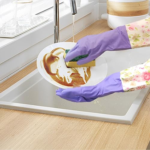 KINGFINGER Dishwashing Cleaning Gloves, 2 Pairs Reusable Rubber Gloves PVC Latex-Free Waterproof Long Cuff and Flock Lining Household Cleaning Gloves for Women - color: Blue+purple