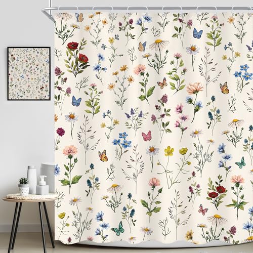 Vintage Floral Shower Curtain 72Wx72L Inch Beige Flowers Wildflower Plant Botanical Herbs Cottage Core Bathroom Set Whimsical Butterfly Woman Girls Bath Curtain Bathtub Accessories Home Decor - color: D 01 Beige, size: 72"W x 72"L (Pack of 1)