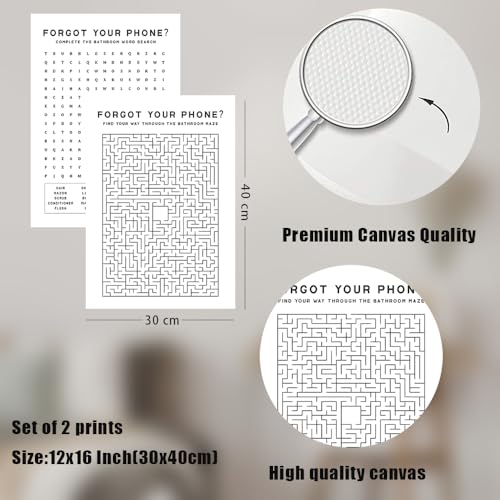 Laylwhq Funny Bathroom Wall Art, Black and White, 12x16in, 2 Pcs | Forgot Your Phone Sign, Crossword Puzzle Pictures, Canvas Wall Decor, Unframed, Restroom Home Decorations - color: black and white, size: 12"Wx16"Hx2