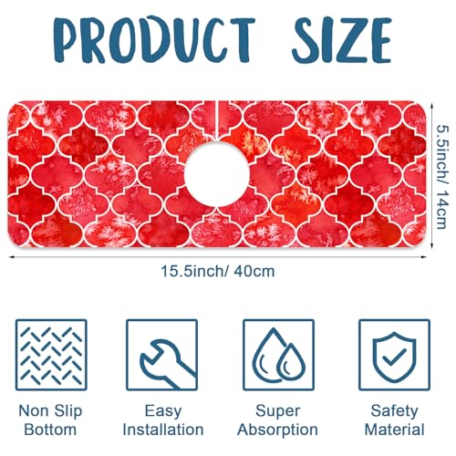 Watercolor Moroccan Marbled Kitchen Sink Splash Guard Faucet Mat Red Tiles Super Absorbent Fast Drying Mat Sink Splash Guard Behind Faucet for Kitchen Bathroom, 15.5"x5.5"