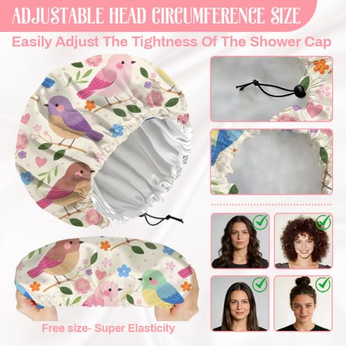 Bohemian Birds Flowers Reusable Shower Cap Cute Double Layer Waterproof Shower Caps Large Elastic Hair Cover Adjustable Hair - Drying Caps for Woman Bath SPA Travel One Size Fits Most - color: Birds Flowers