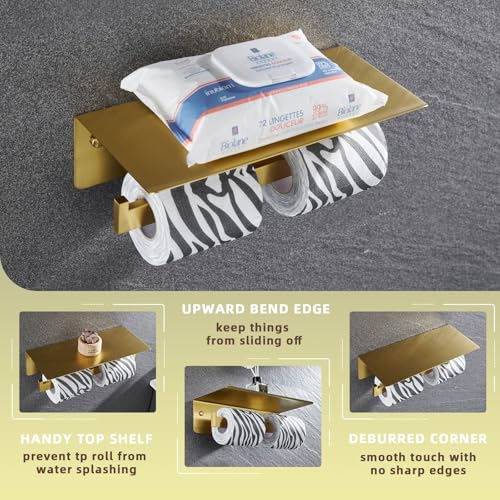 Angle Simple Toilet Paper Holder with Shelf Brushed Dark Gold, SUS304 Stainless Steel Double Toilet Tissue Holder for Wall - color: Brushed Dark Gold, size: Double Rod