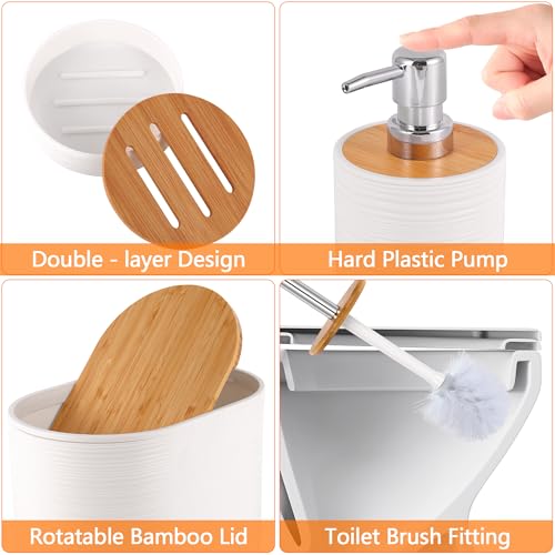 Bathroom Accessory Set,10 PCS White Bathroom Accessories Set with Trash Can, Toothbrush Holder, Soap Dispenser, Toothbrush Cup, Vanity Tray, Soap Dish, Toilet Brush, Qtip Holders - color: White