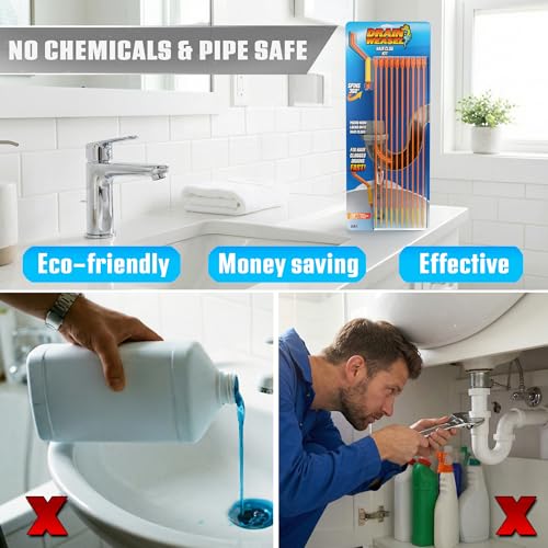 FlexiSnake Drain Weasel Sink Snake Hair Clog Remover Tool Kit, 10 Wands | Pipe, Bathroom, Bathtub Cleaner, 18-inch Long Refills, Flexible, Removable Handle, Made in The USA