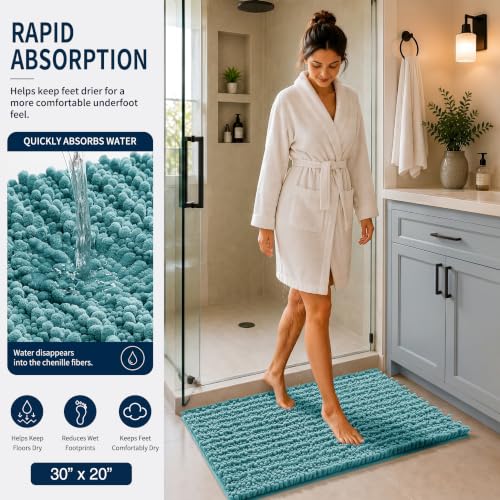 Yimobra Bathroom Rug Set 3 Piece - Super Absorbent Quick Dry Chenille Bath Mats & Toilet Rug, Non Slip Machine Washable, Extra Thick Shaggy Floor Mat for Shower Tub Sink, Teal Blue - color: Teal Blue, size: 24"x17" + 24"x20" + 30"x20"
