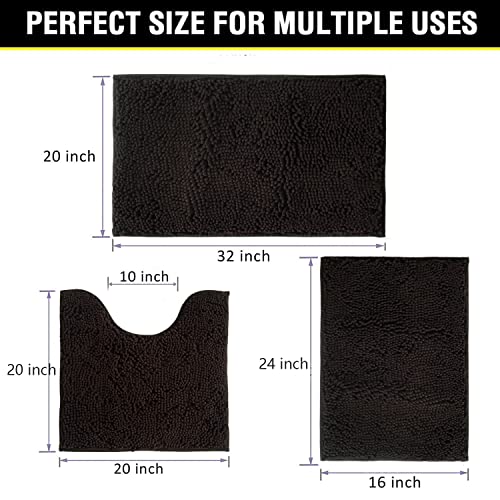 Bathroom Rugs Chenille 3-Piece Extra Soft and Absorbent Shag Bathroom Rugs, Machine Wash Mat, Strong PVC Non-Slip Underside, Plush Carpet Mats (Coffee) - color: Coffee, size: 2'8" x 1'8" (16x24"+20x32"+20x20"U shape）