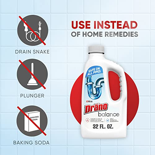 Drano Balance Drain Clog Remover and Cleaner, Non-Corrosive Formula, Safe on All Pipes and Septic Tanks, Formulated Using Only Essential Ingredients, 32 Fl Oz (Pack of 2) - size: 32 Fl Oz (Pack of 2)
