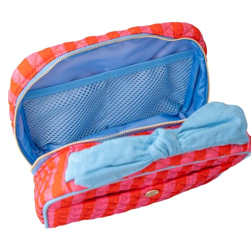ban.do Quilted Toiletry Bag with Bow Handle, Stripes | Pink and Red Cosmetic Bag for Traveling, Spacious Organizer for Makeup with Interior Pockets and Zippers Closure