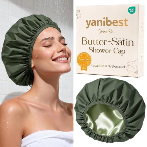 Yanibest Shower Cap for Women - Frizz Free Satin Lined Shower Cap Waterproof Large Double Layer Reusable with Soft Elastic Band for Braids Long Hair - color: Peachy