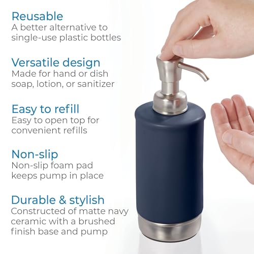 iDesign Hand Soap Dispenser, Navy Blue/Brushed Nickel | Refillable, For Bathroom or Kitchen, Pump Bottle - color: Matte Navy/Brushed Nickel