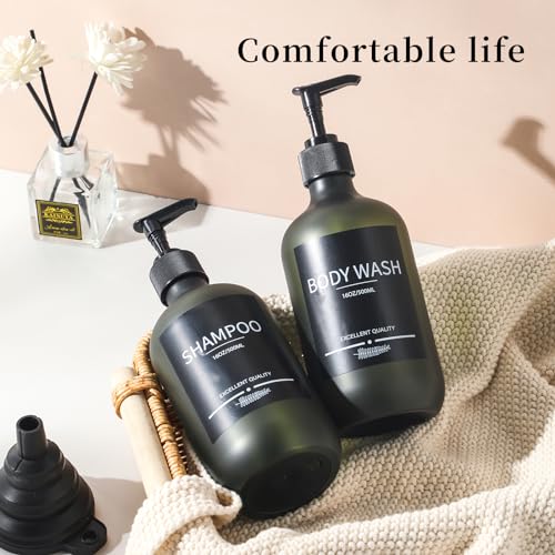 Plastic Refillable Shampoo and Conditioner Bottles with Pumps and Labels (5-Pack, Green) - color: Matte Green