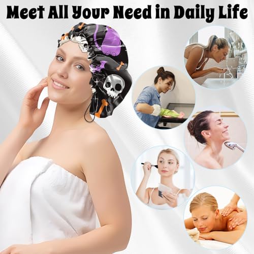 Luxury Shower Cap Satin Lined Reusable Waterproof Double Layer Elastic Adjustable Hair Bath Cap Cute Aesthetic Women Girls-Cat - color: F11-Cat