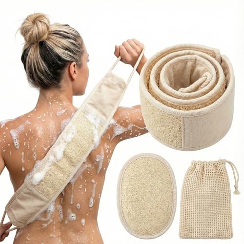 Natural Loofah Back Scrubber for Shower for Men and Women, Exfoliating Loofah Sponge with Soap Saver (1Back+1Pad+1Bag) - size: 2 Count (Pack of 1)