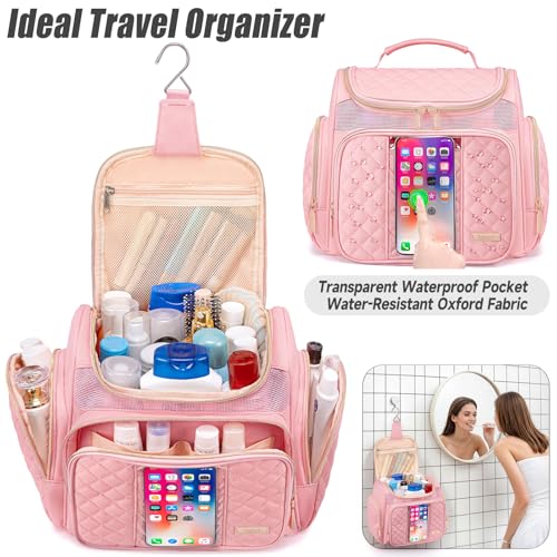 Tealari Large Toiletry Bag for Women Men,Bathroom Bag,Water Resistant Shower Bag,Makeup Bag,Portable Shower Caddy for College Dorm,Hanging Travel Toiletry Bag with Transparent Waterproof Phone Pocket - color: Pink-1