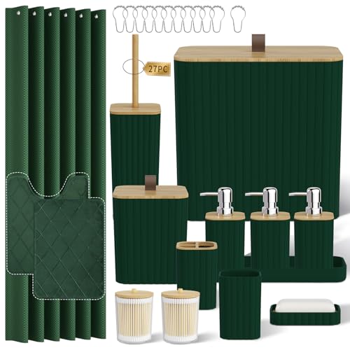Bathroom Accessory Set - Bathroom Sets with Shower Curtain and Rugs, Green Bathroom Set, 27PC Bathroom Accessories Set, Mini Trash Can, Toilet Brush, Trash Can & Soap Dispenser - size: Bathroom Set&Shower Curtain &Rugs, style: Dark Green