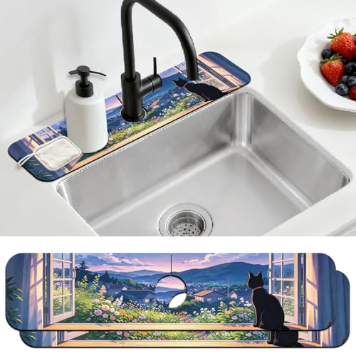 2 Pcs Kitchen Sink Splash Guard Faucet Mat Windowsill Cat Pattern Faucet Mat for Sinks Flower Absorbing Drying Mats for Kitchen Bathroom - color: Windowsill Cat Pattern