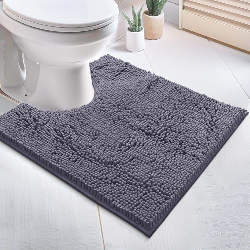 LuxUrux U-Shaped Toilet Bath Mat – Absorbent & Non-Slip Contoured Rug for Toilet Base, Plush Chenille, Machine Washable (20 x 20 inch, Dark Gray) - color: Dark Gray, size: 20'' X 20'' U
