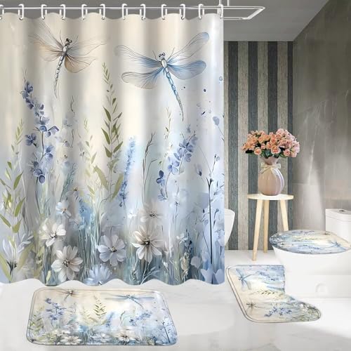 DDQQ Blue Flower Dragonfly Shower Curtain Set Floral Home Bathroom Sets with Rugs, Green Leaves Bathroom Decor Shower Curtain Set with Carpet Bath Mat Toilet Rugs - color: Dusty Blue