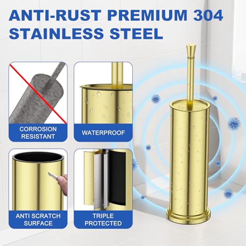 Toilet Brush and Holder Set：304 Stainless Steel Heavy Duty Toilet Bowl Brush，Removable Inner Bowl and Splash Protection，Bathroom Toilet Brush-Dense Bristles for Through Cleaning - color: Bright Gold
