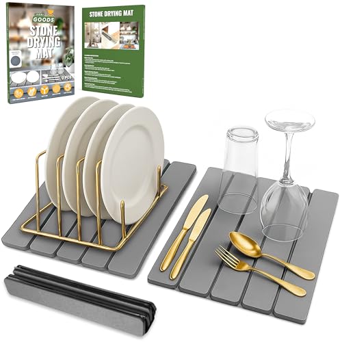 Large Foldable Stone Dish Drying Mat – Diatomaceous Earth, 12"x16" Each or 24"x16" Combined – Fast Dry, Anti-Slip Pad, Sanding Tool & Instruction Manual for Kitchen, Bathroom or RV (2-Pack)