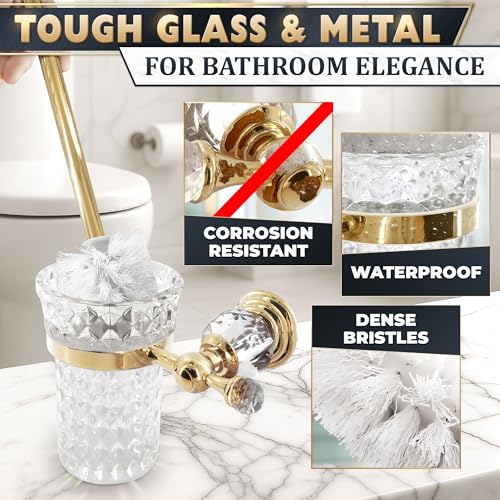 Gold Stainless Steel Toilet Brush with Crystal Toilet Brush Holder Set – Wall Mounted Holder, Replaceable Head, Decorative Space-Saving Design Bathroom Toilet Accessory Elegant Toilet Bowl Cleaner Set - color: Gold Glass