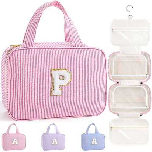 TOPEAST Hanging Toiletry Bag for Women - Travel Initial Toiletry Bag, Portable Toiletries Makeup Pouch, Airplane Travel Essentials - Letter P, Pink - color: Pink, style: P